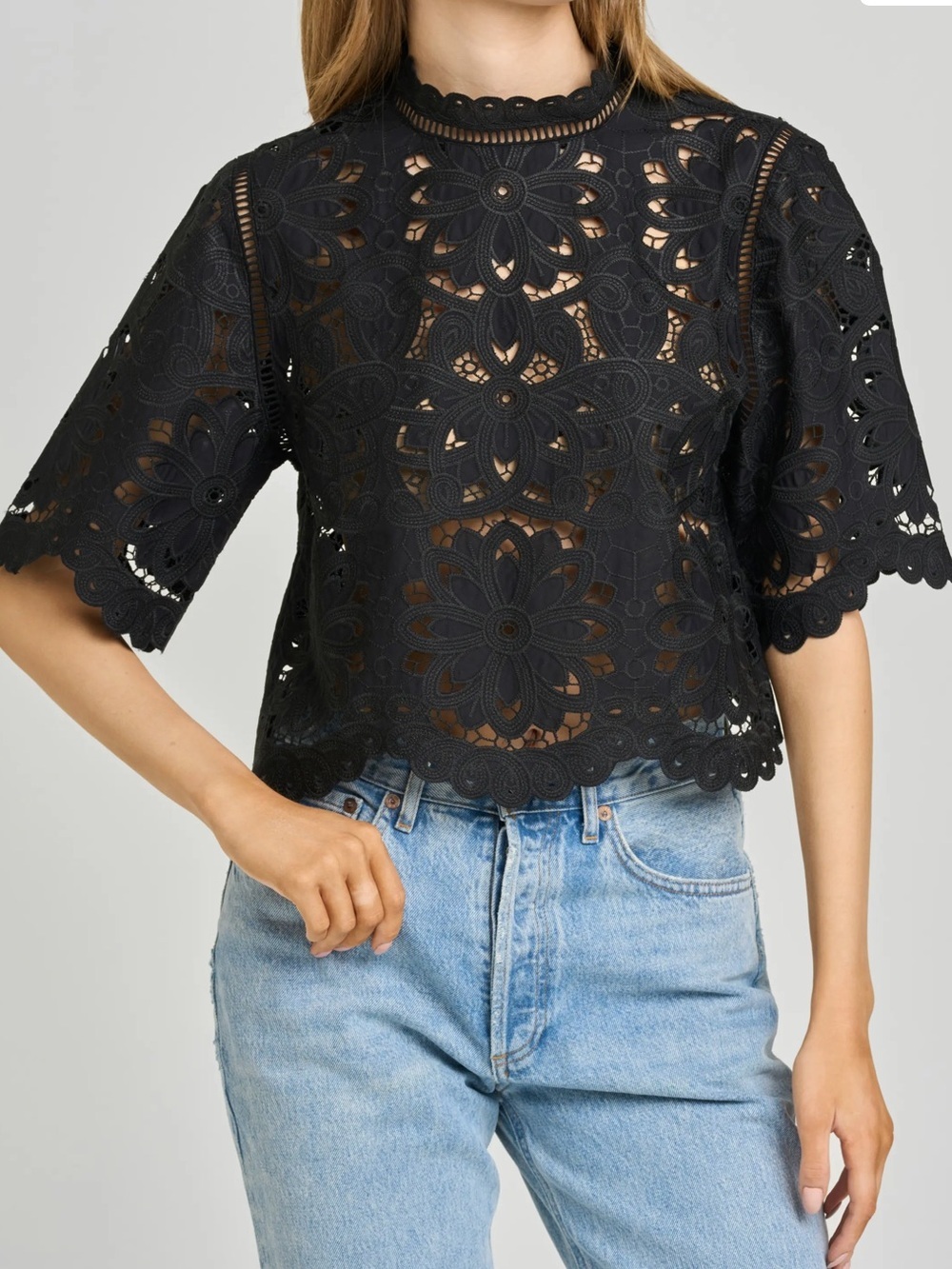 UMGEE Crochet Top Boho Hippie Black Size S-M Blouse Sheer Floral